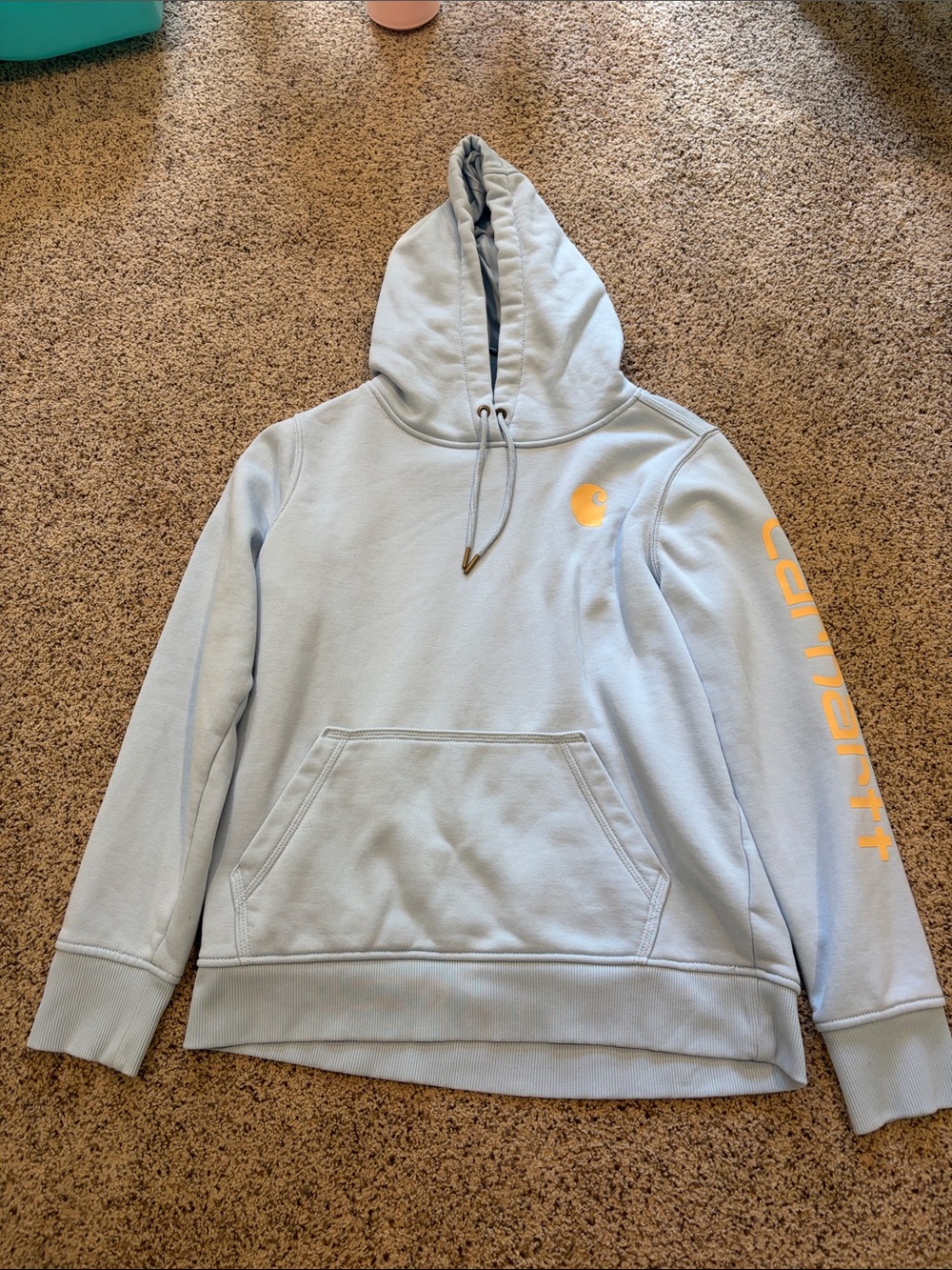 Carhartt Pale Blue Hoodie with Yellow Logo and Sleeve Script